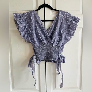 Purple Polka Dot Ruffle Sleeve Shirred Hem Blouse Crop Top Size women’s Medium M